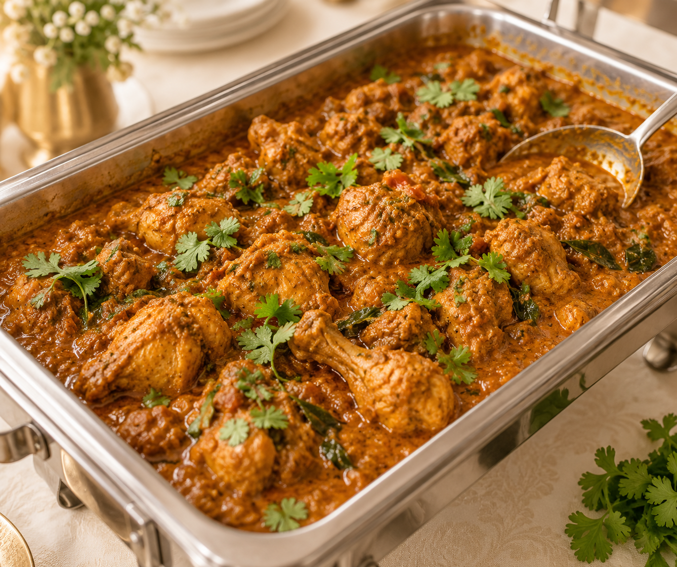 Illustrative catering tray of orange-brown chicken curry garnished with cilantro