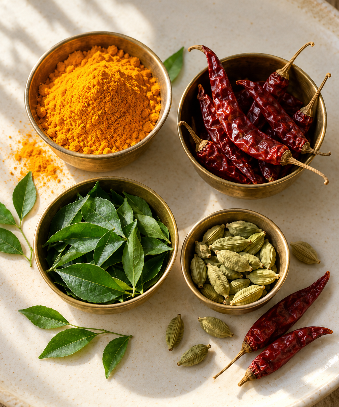 Illustrative overhead of turmeric, chilies, curry leaves, and cardamom on cream ceramic